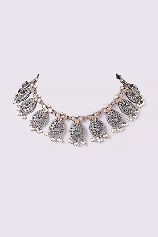 Oxidised Finish Natural Stone & Pearl Choker Necklace by ARNIMAA
