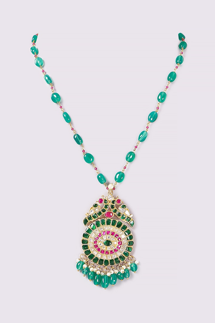 Gold Finish Green Stone & Pearl Long Necklace by ARNIMAA at Pernia's Pop Up Shop