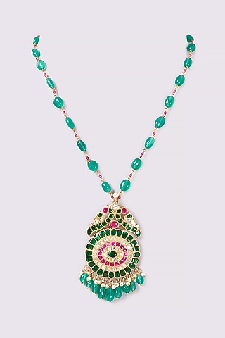 Gold Finish Green Stone & Pearl Long Necklace by ARNIMAA