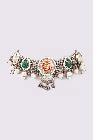 Oxidised Finish Agate & Pearl Choker Necklace by ARNIMAA
