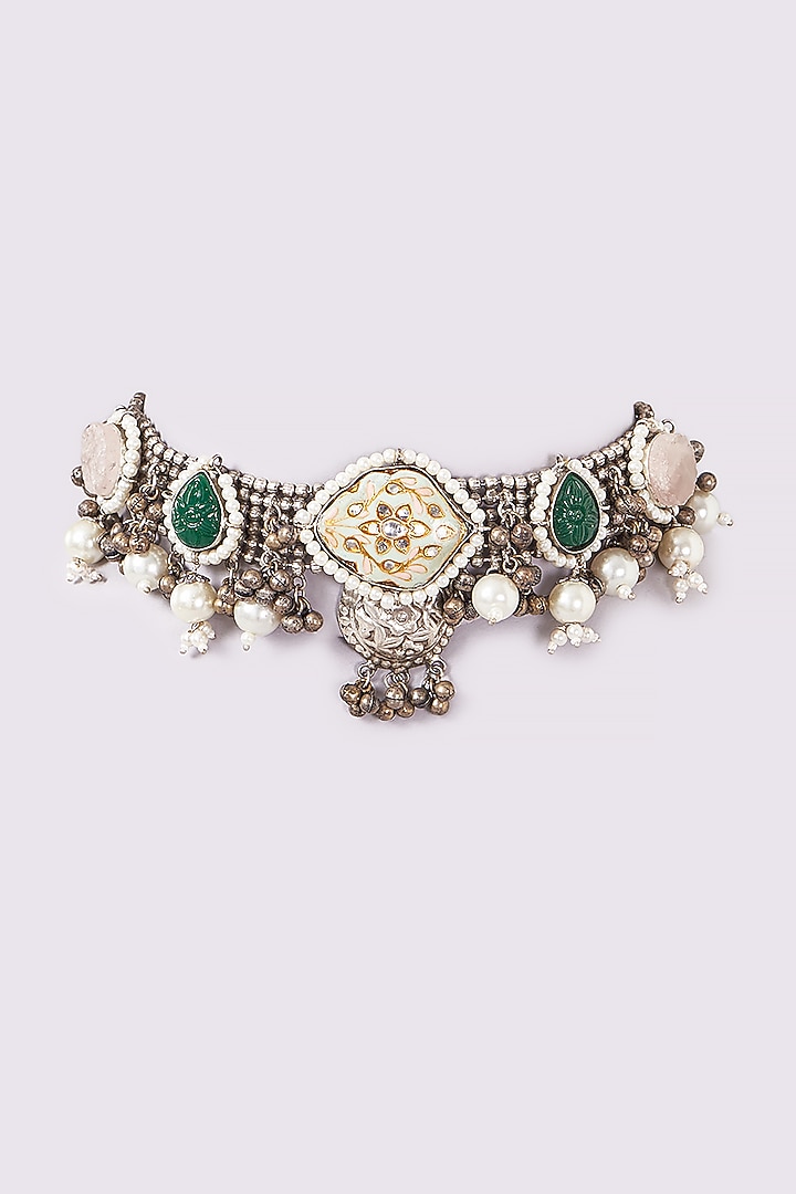 Oxidised Finish Agate & Pearl Choker Necklace by ARNIMAA at Pernia's Pop Up Shop