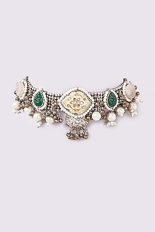 Oxidised Finish Agate & Pearl Choker Necklace by ARNIMAA