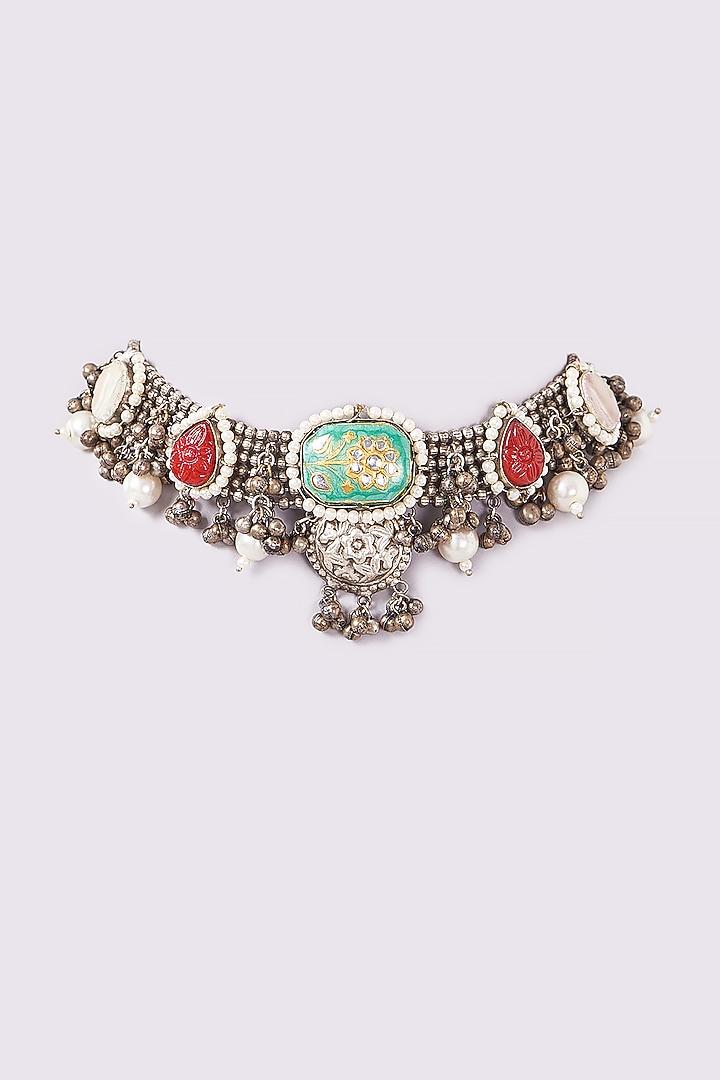 Oxidised Finish Agate & Pearl Choker Necklace by ARNIMAA at Pernia's Pop Up Shop