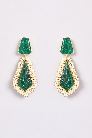 Gold Finish Carved Onyx & Pearl Dangler Earrings by ARNIMAA