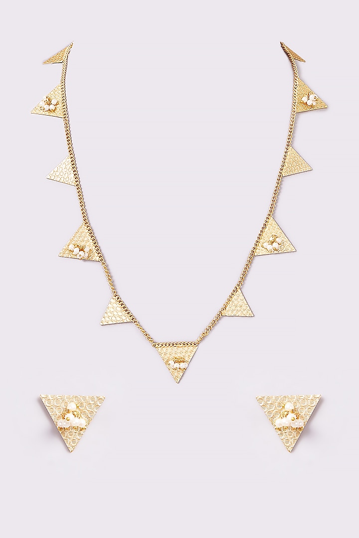 Gold Finish Pearl Long Necklace Set by ARNIMAA
