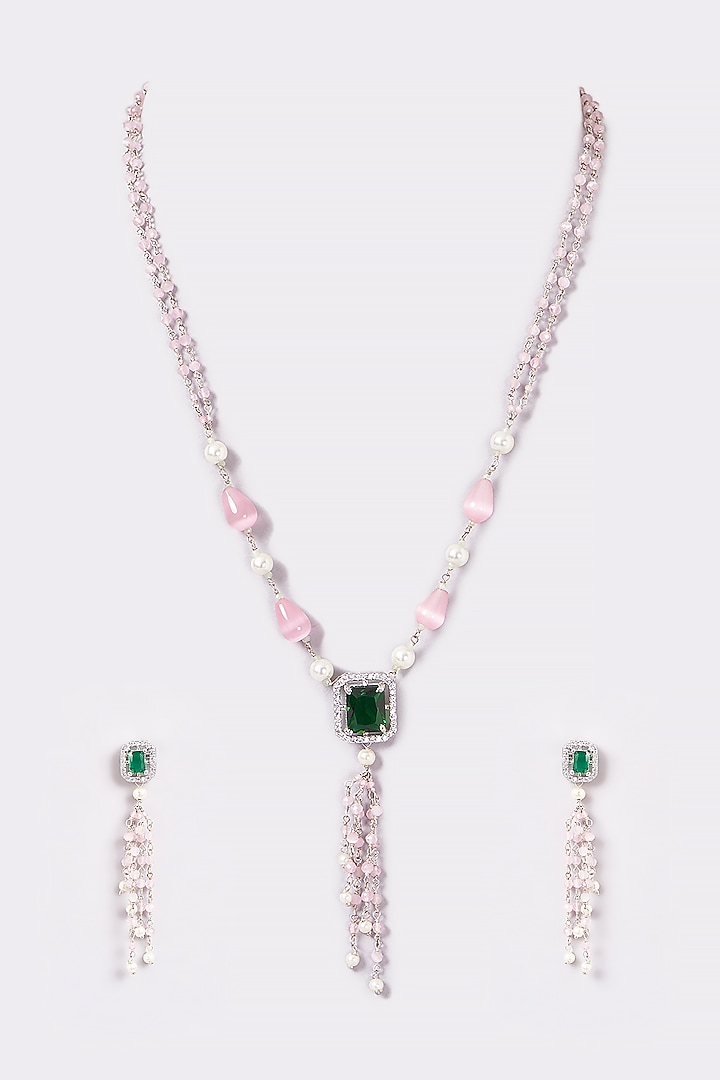White Finish Beads Long Necklace Set by ARNIMAA