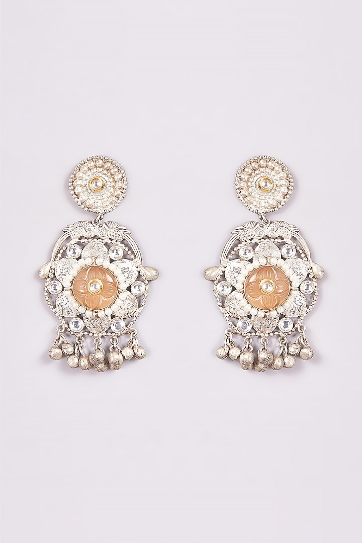 White Finish Pearl & Agate Chandbali Earrings by ARNIMAA