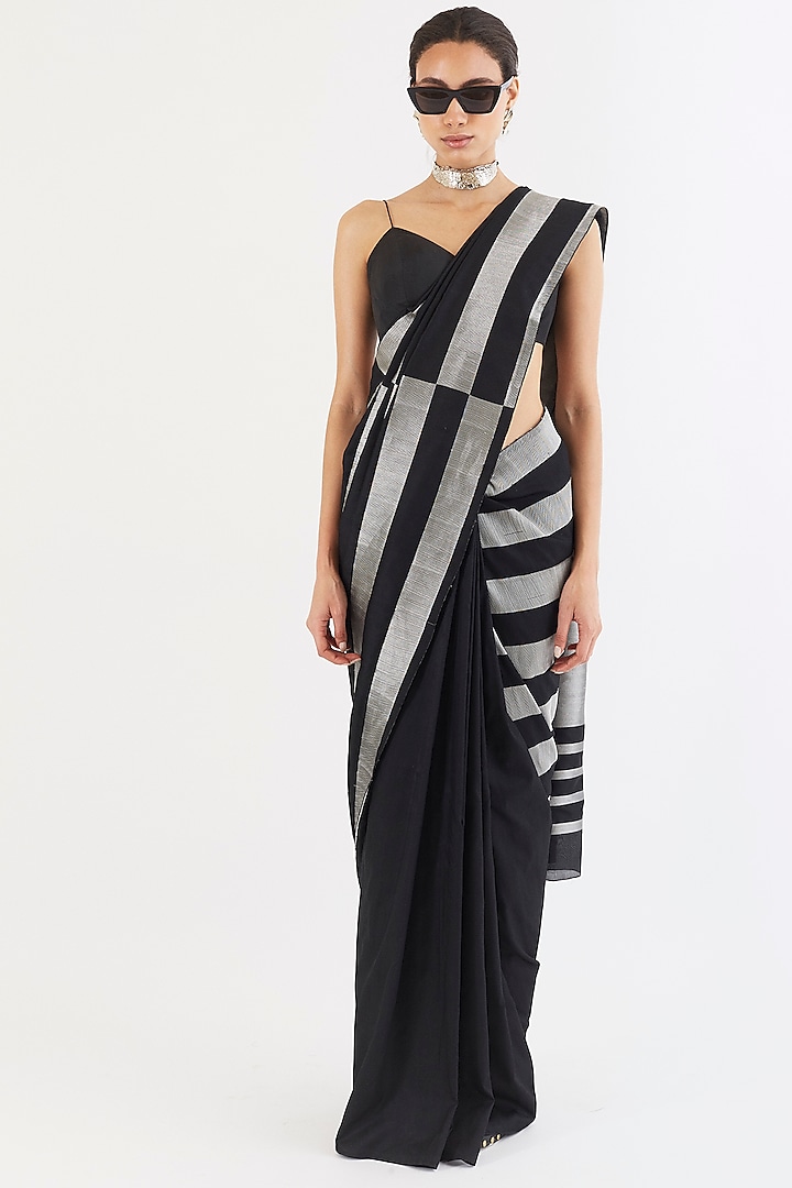Black Handwoven Striped Saree by AROHI
