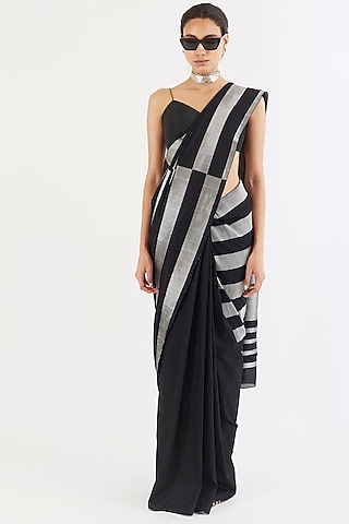 Black Handwoven Striped Saree by AROHI