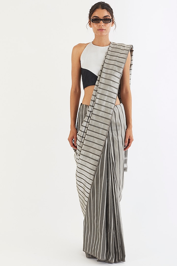 Grey Handwoven Striped Saree by AROHI at Pernia's Pop Up Shop