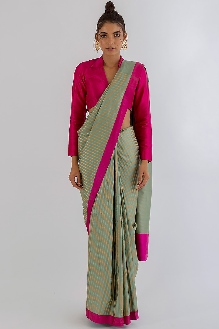 Mint Green Handwoven Striped Saree by AROHI