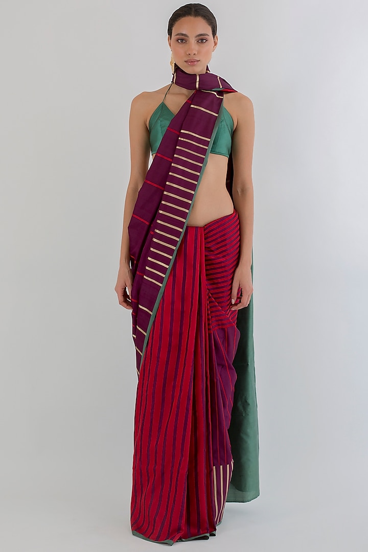 Wine Satin Striped Handwoven Saree by AROHI
