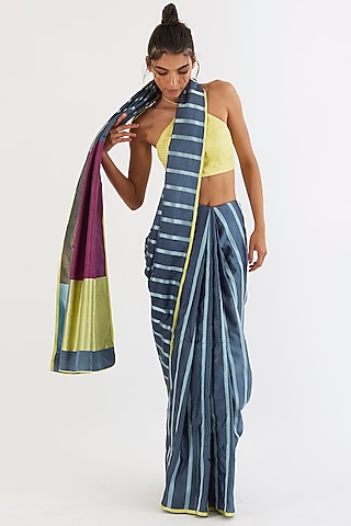 Grey Silk Handwoven Color Blocked Saree by AROHI