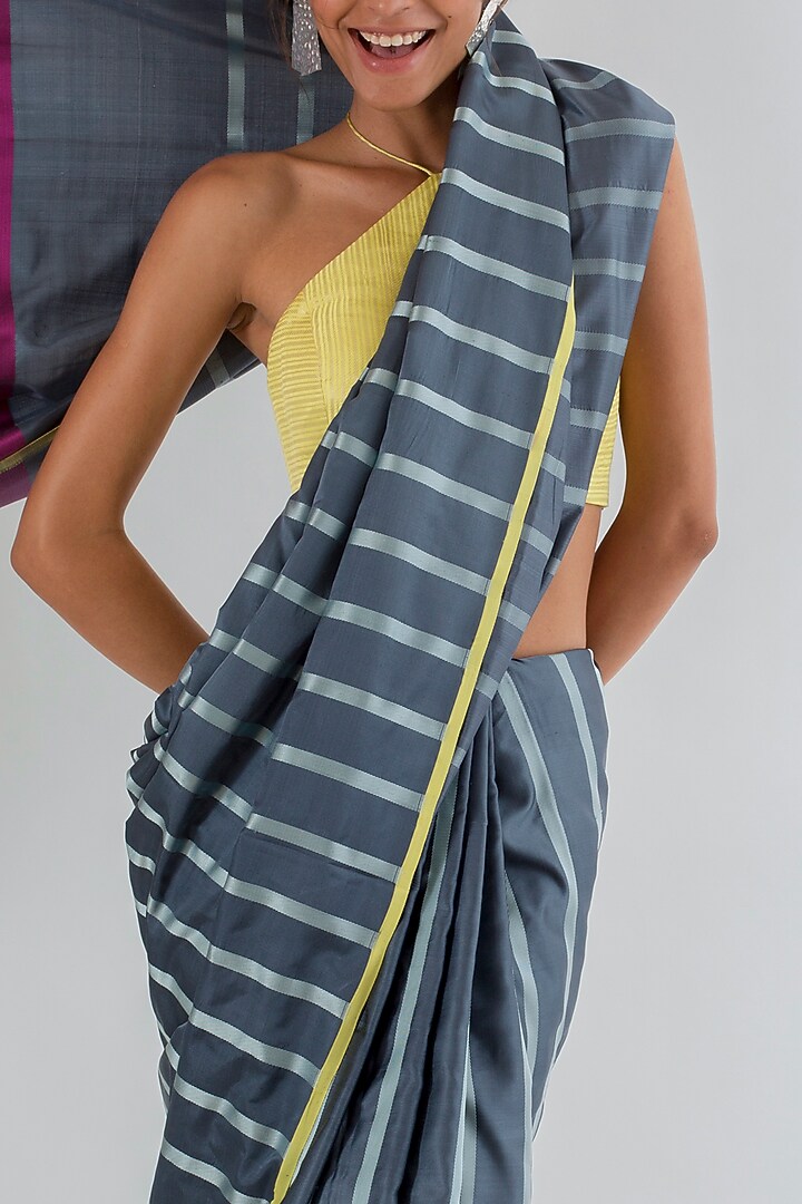 Grey Silk Handwoven Color Blocked Wedding Saree by AROHI at Pernia's Pop Up Shop