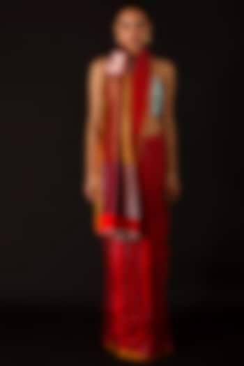 Red Silk Color-Blocked Handwoven Wedding Saree by AROHI at Pernia's Pop Up Shop