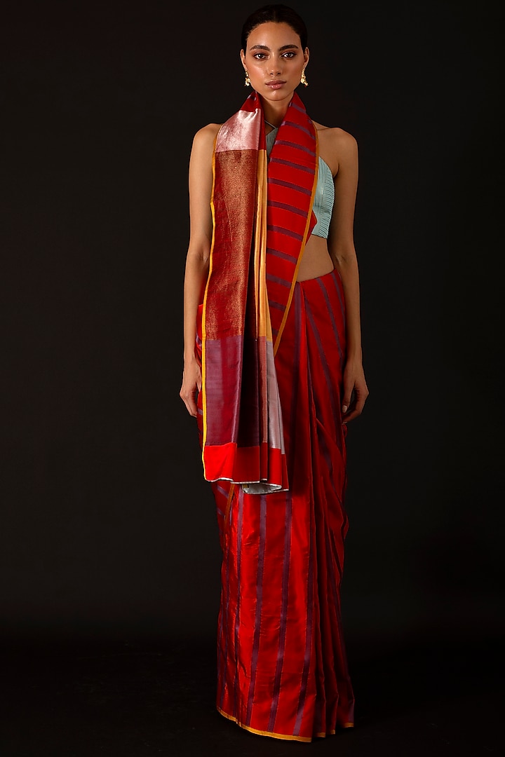 Red Silk Color-Blocked Handwoven Saree by AROHI