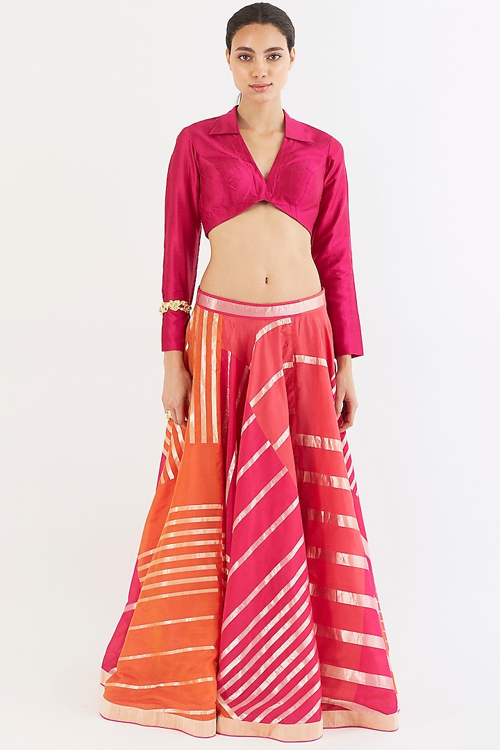 Fuchsia Handwoven Silk Skirt Set by AROHI