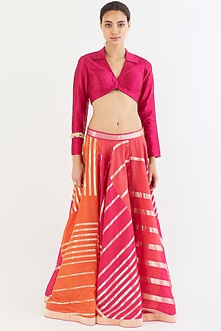 Fuchsia Handwoven Silk Skirt Set by AROHI