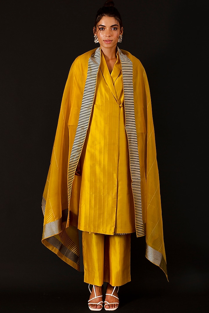 Mustard Handwoven Silk Kurta Set by AROHI