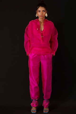 Fuchsia Organza Straight Pant Set by AROHI