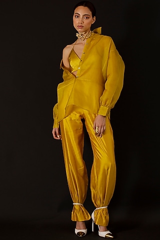 Mustard Organza Straight Pant Set by AROHI