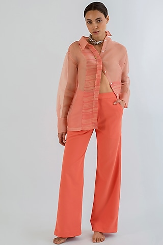 Peach Hand Block Printed Shirt by AROHI