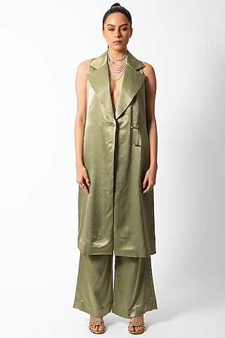 Green Modal Satin Jacket Set by AROHI