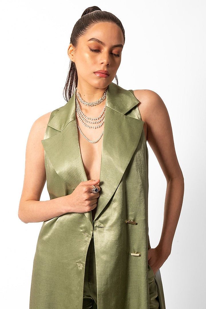 Green Modal Satin Jacket Set by AROHI at Pernia's Pop Up Shop