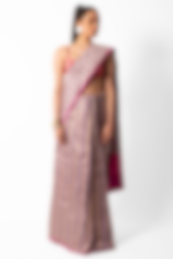 Pale Mauve Silk Striped Handwoven Banarasi Saree by AROHI at Pernia's Pop Up Shop