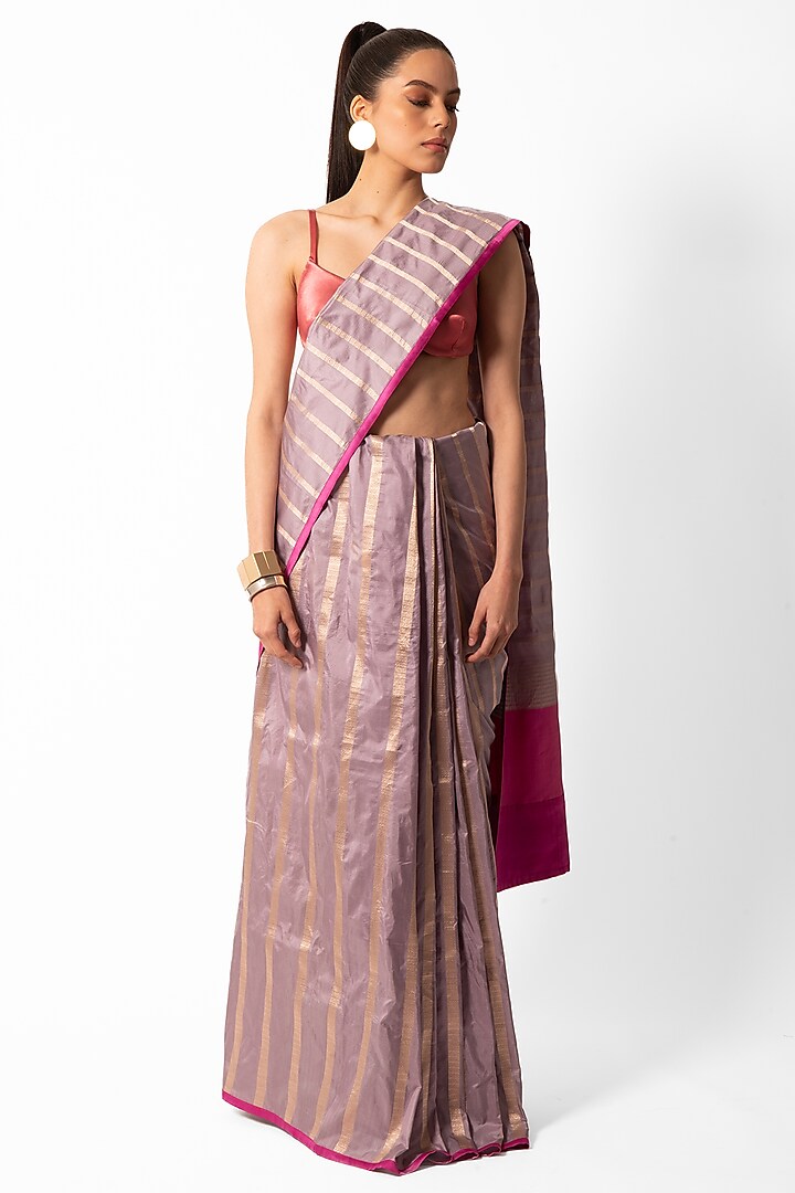 Pale Mauve Silk Striped Handwoven Banarasi Saree by AROHI at Pernia's Pop Up Shop