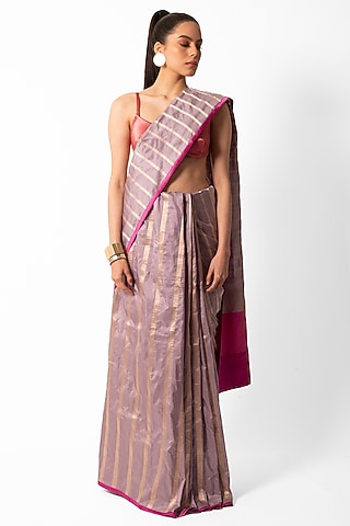 Pale Mauve Silk Striped Handwoven Banarasi Saree by AROHI