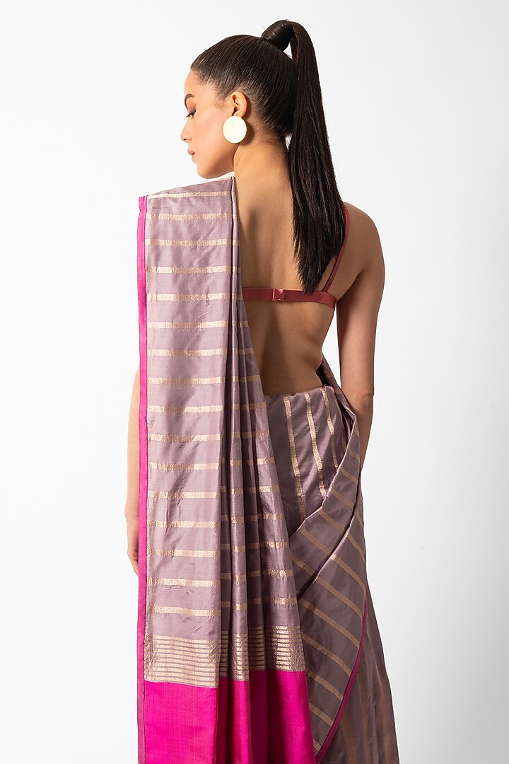 Pale Mauve Silk Striped Handwoven Banarasi Party Wear Saree by AROHI at Pernia's Pop Up Shop