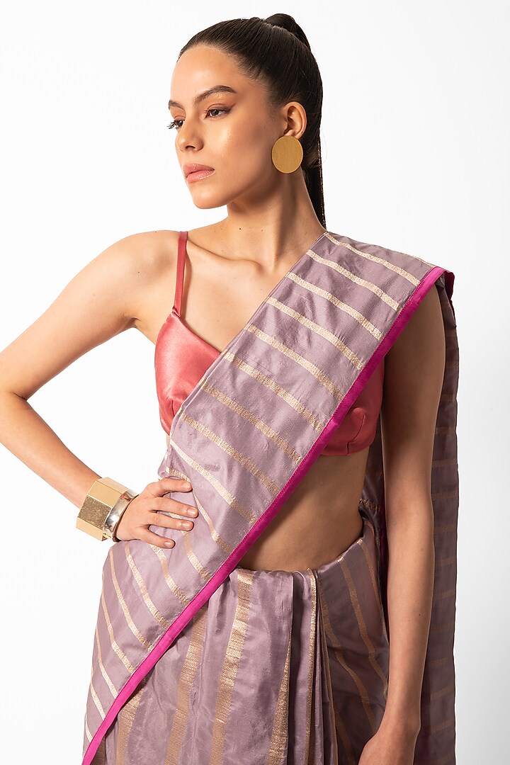 Pale Mauve Silk Striped Handwoven Banarasi Party Wear Saree by AROHI at Pernia's Pop Up Shop