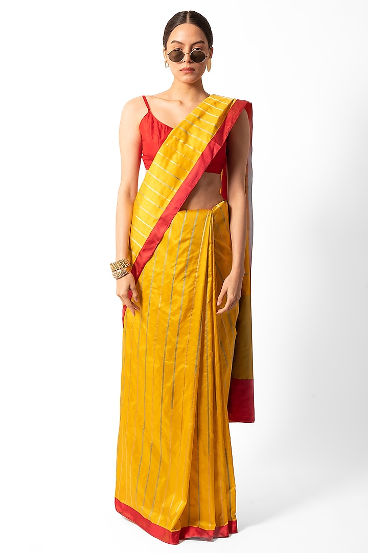 Yellow Silk Striped Handwoven Banarasi Saree by AROHI