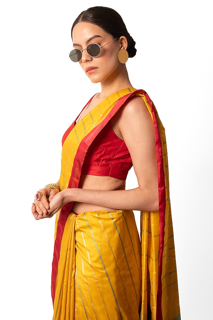 Yellow Silk Striped Handwoven Banarasi Wedding Saree by AROHI at Pernia's Pop Up Shop