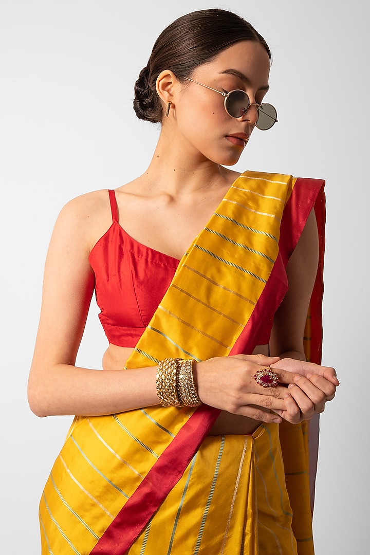 Yellow Silk Striped Handwoven Banarasi Wedding Saree by AROHI at Pernia's Pop Up Shop