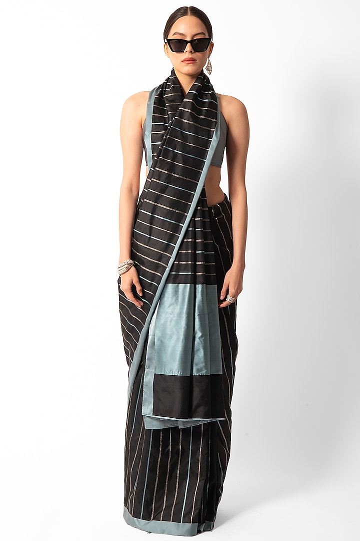 Black & Ice Blue Silk Striped Handwoven Banarasi Saree by AROHI