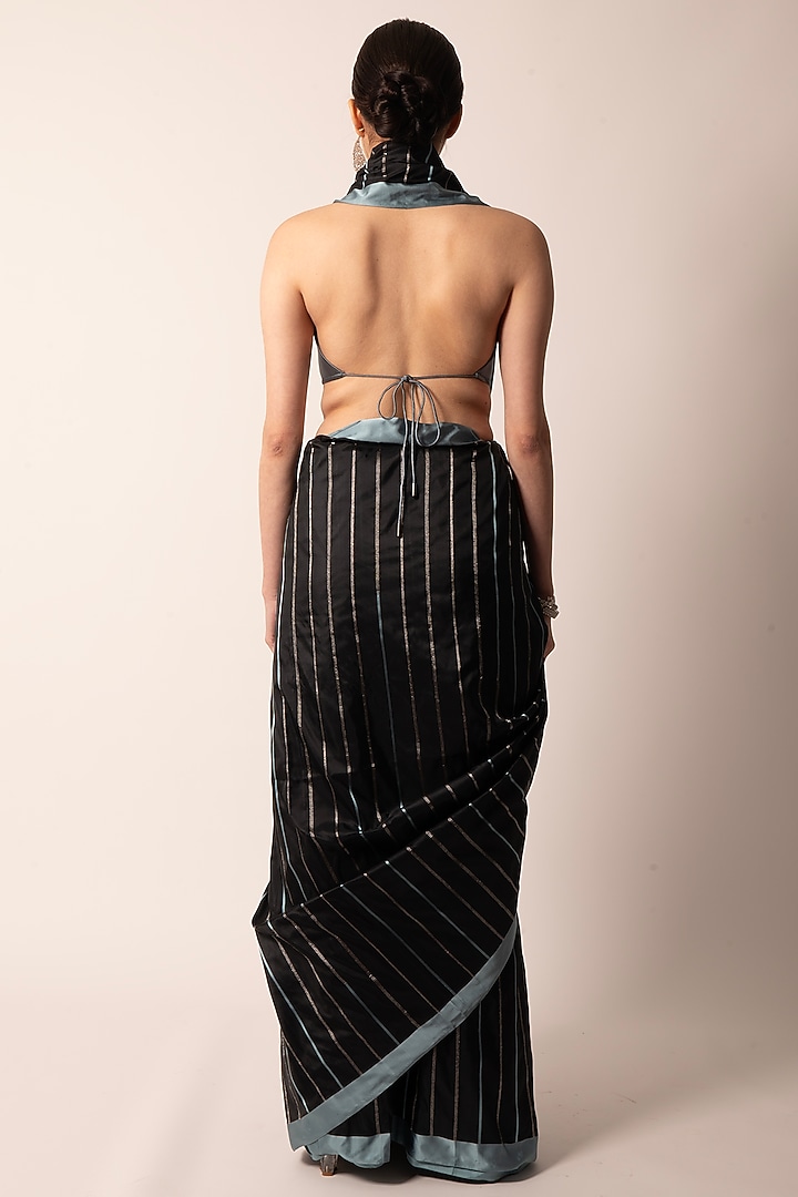 Black & Ice Blue Silk Striped Handwoven Banarasi Wedding Saree by AROHI at Pernia's Pop Up Shop