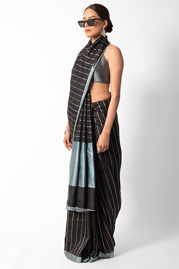 Black & Ice Blue Silk Striped Handwoven Banarasi Wedding Saree by AROHI at Pernia's Pop Up Shop