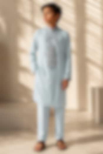 Teal Knit Embellished Kurta Set For Boys by Amit Arora Kids at Pernia's Pop Up Shop
