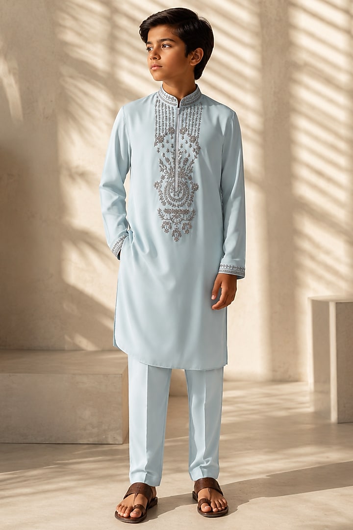 Teal Knit Embellished Kurta Set For Boys by Amit Arora Kids at Pernia's Pop Up Shop
