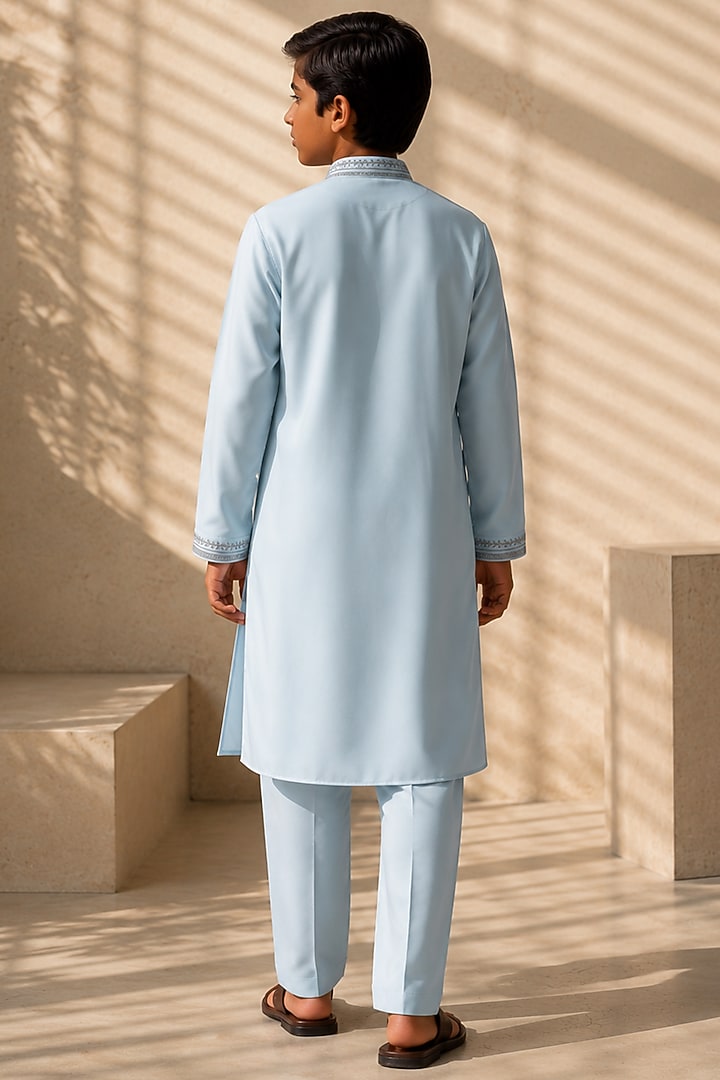 Teal Knit Embellished Kurta Set For Boys by Amit Arora Kids at Pernia's Pop Up Shop