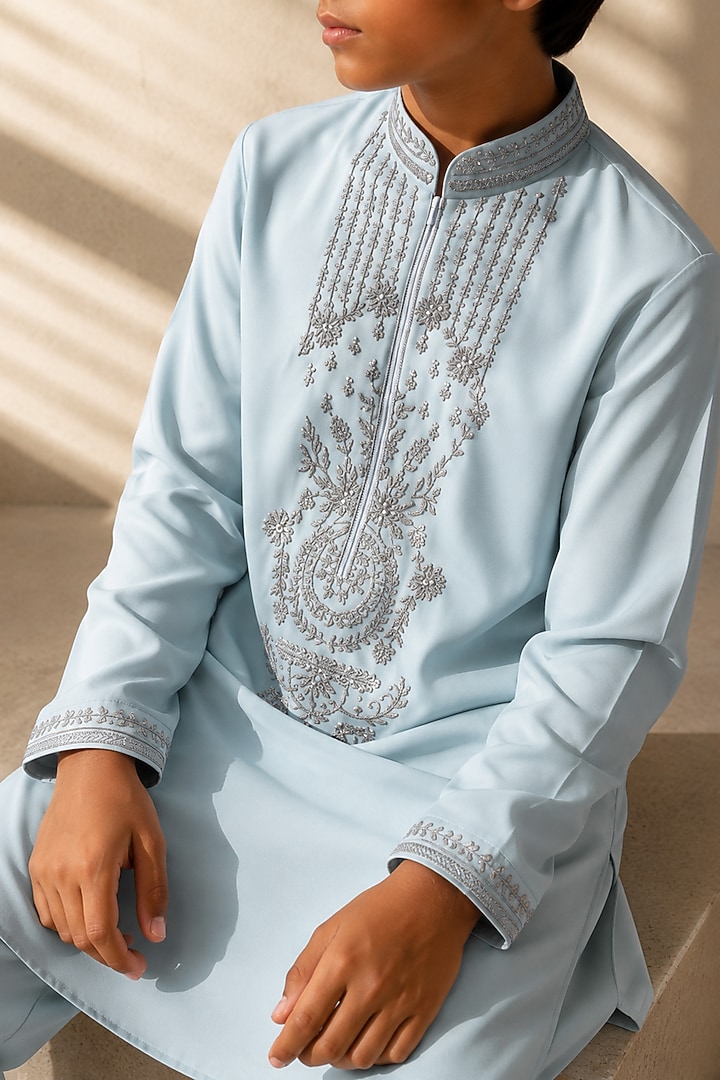 Teal Knit Embellished Kurta Set For Boys by Amit Arora Kids at Pernia's Pop Up Shop