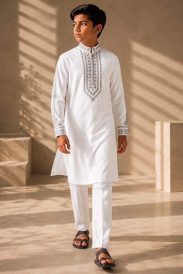 White Knit Hand Embroidered Kurta Set For Boys by Amit Arora Kids at Pernia's Pop Up Shop
