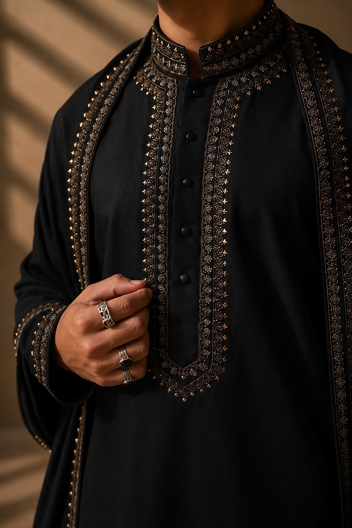 Black Knit Embellished Kurta Set For Boys by Amit Arora Kids at Pernia's Pop Up Shop