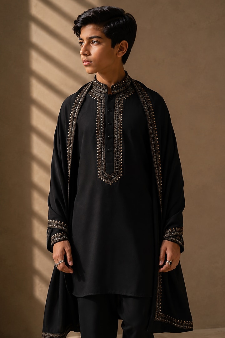 Black Knit Embellished Kurta Set For Boys by Amit Arora Kids at Pernia's Pop Up Shop
