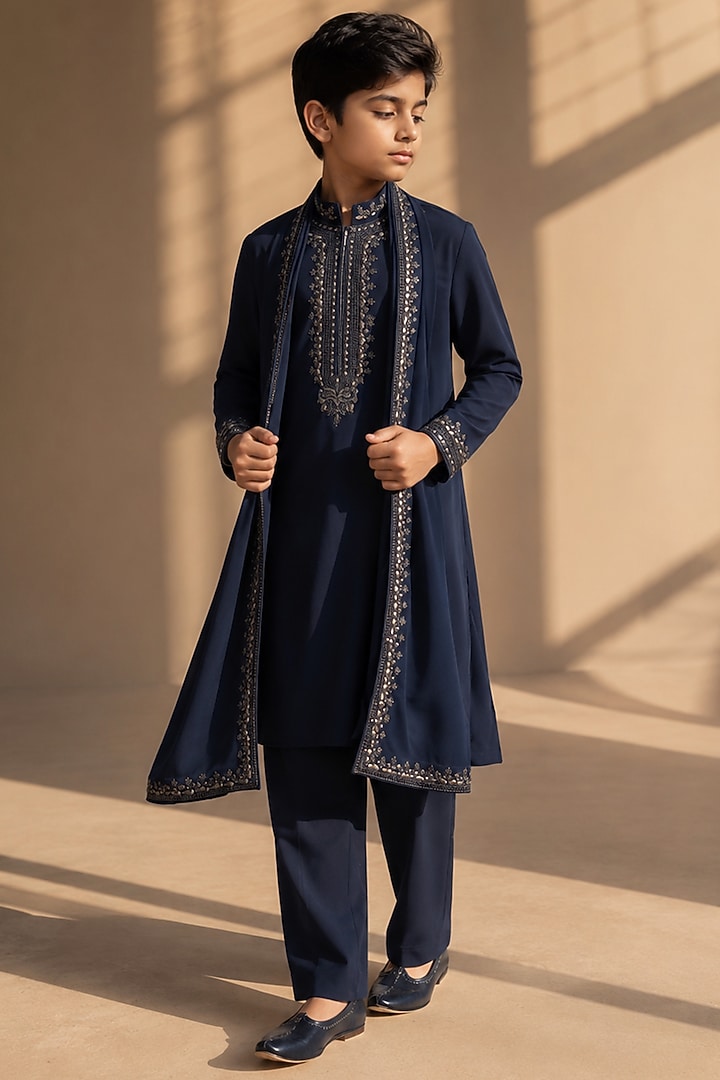 Navy Knit Embellished Kurta Set For Boys by Amit Arora Kids at Pernia's Pop Up Shop