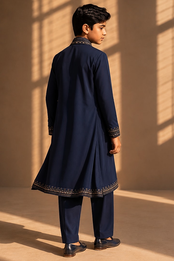 Navy Knit Embellished Kurta Set For Boys by Amit Arora Kids at Pernia's Pop Up Shop