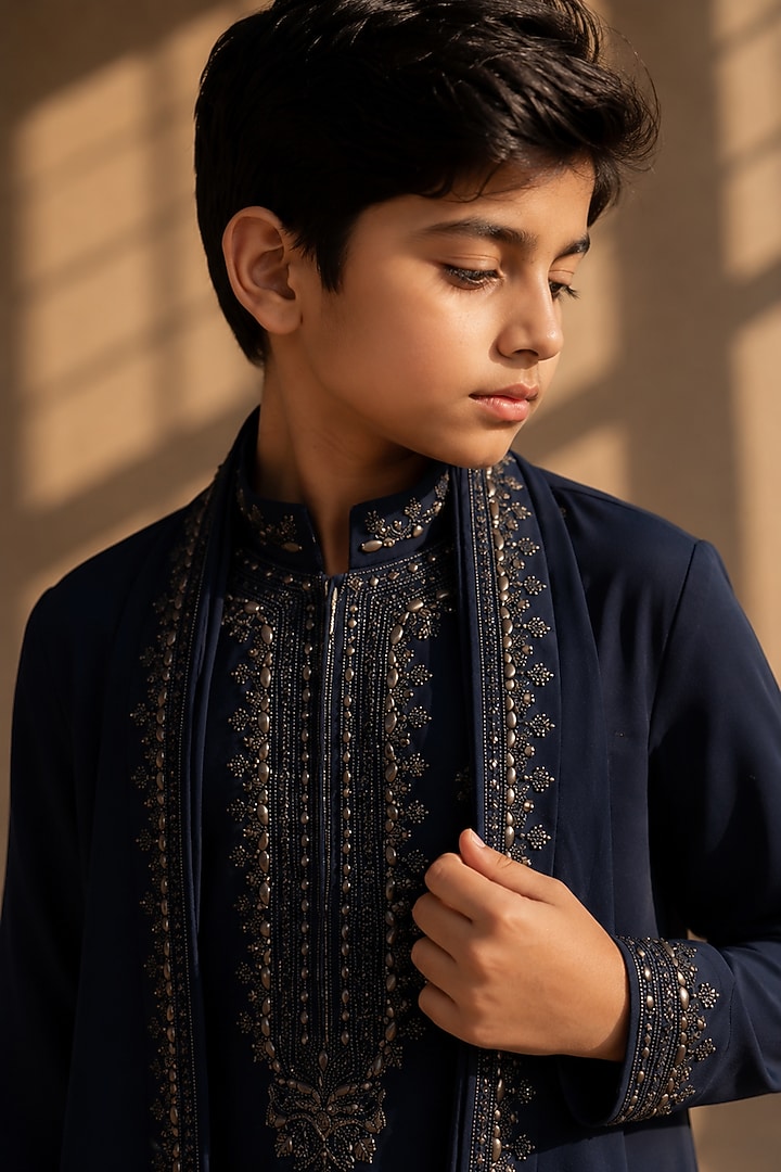 Navy Knit Embellished Kurta Set For Boys by Amit Arora Kids at Pernia's Pop Up Shop
