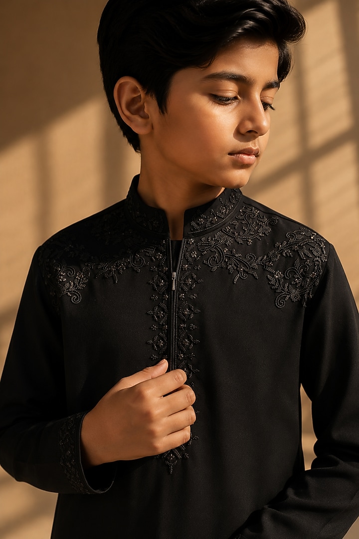 Black Knit Embellished Kurta Set For Boys by Amit Arora Kids at Pernia's Pop Up Shop
